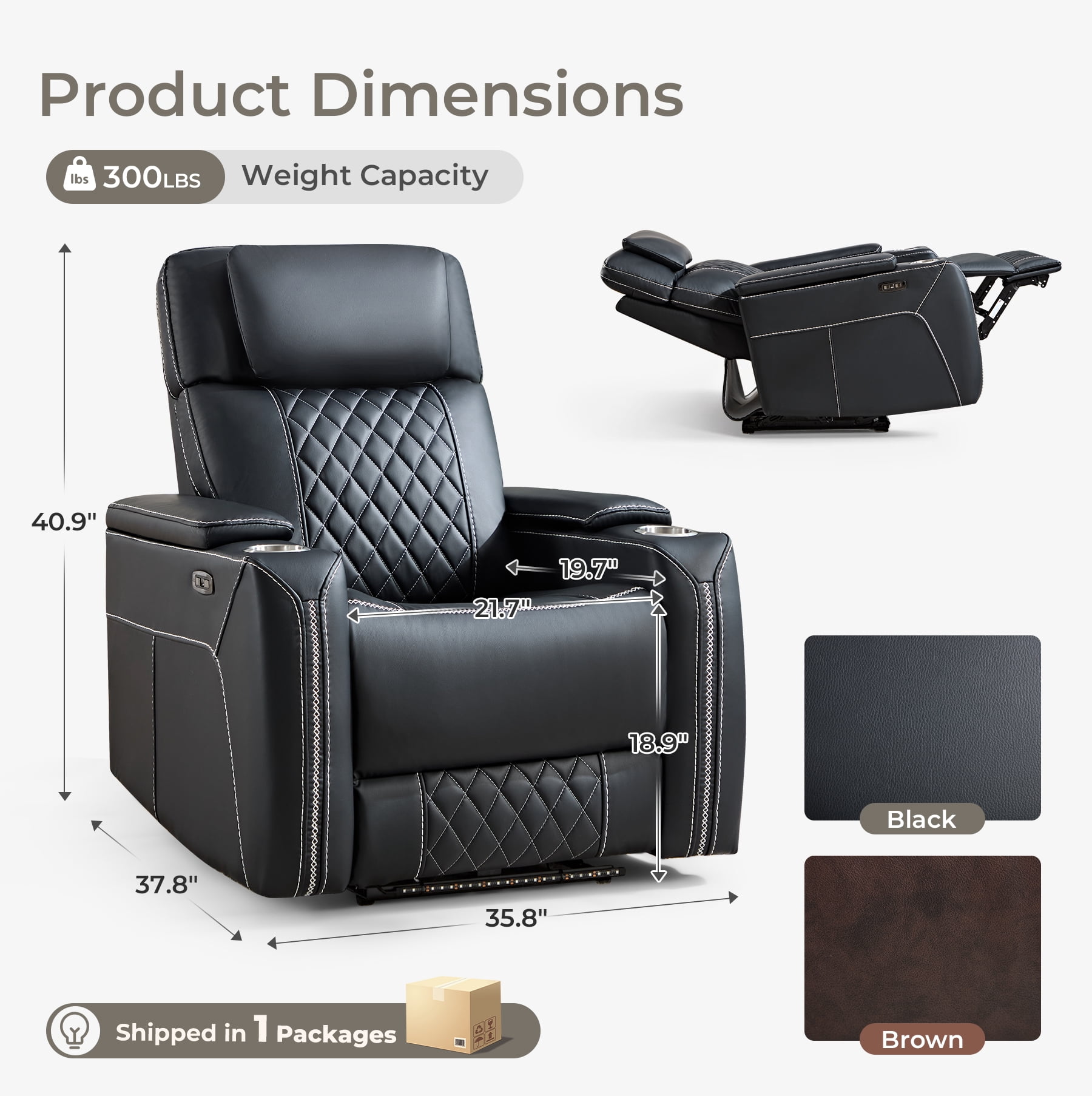 Ebello Dual Motor Power Recliner Chair with Adjustable Headrest, Faux Leather Electric Reclining Chair with LED Light Strip, USB Port, Cup Holders & Hidden Storage for Home Theater, Black