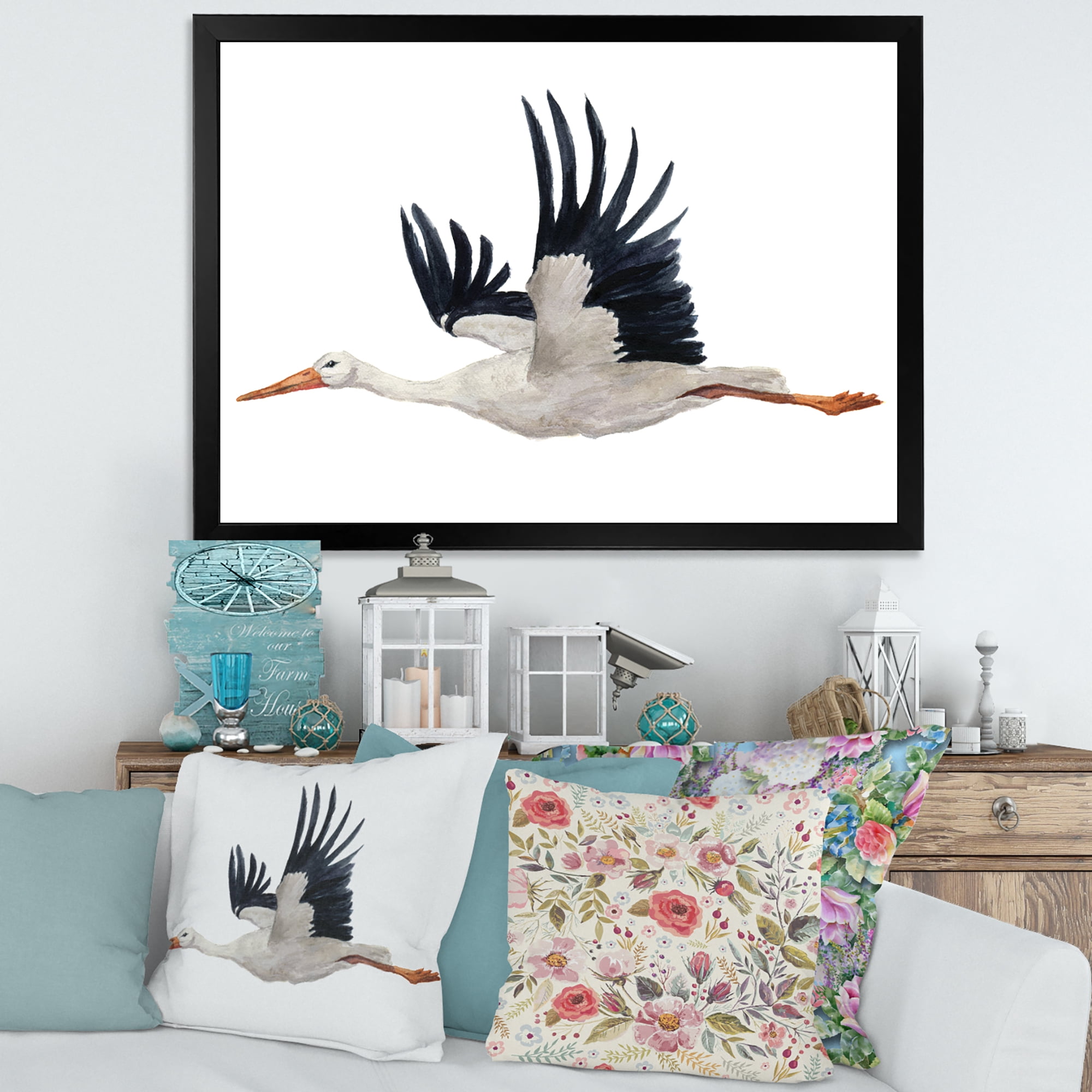 Designart 'White Stork Ciconia Flying Bird ' Traditional Framed Art Print