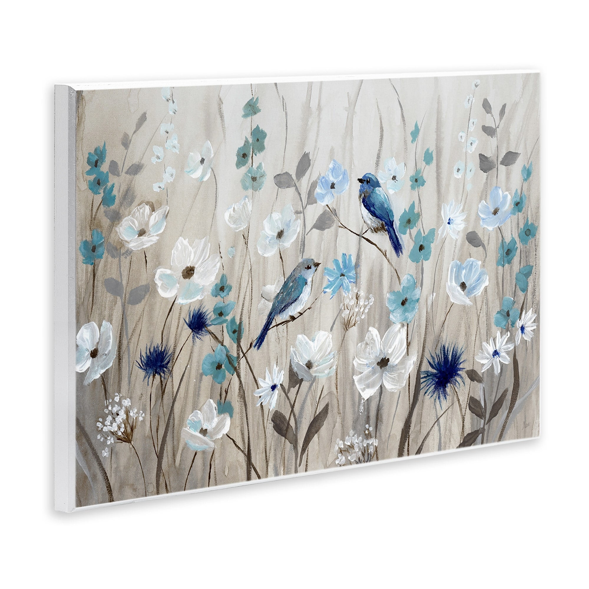 Stupell Industries Birds Floral Meadow Blue White Blossoms Paintings Unframed Art Print Wall Art, 19x13, by Nan