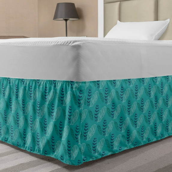 Feather Bed Skirt, Continuous Simplistic Abstract Lines of Nature Body Tree Foliage, Elastic Bedskirt Dust Ruffle Wrap Around for Bedding Decor, 4 Sizes, Dark Seafoam Slate Blue, by Ambesonne