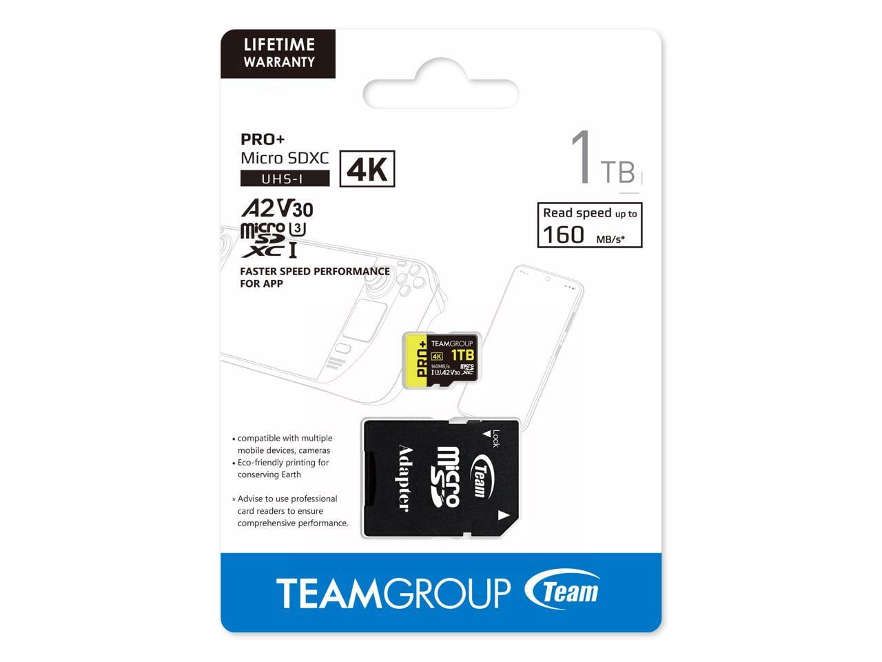 TEAMGROUP 1TB Pro+ microSDHC UHS-I/U3 Class 10 Memory Card with 