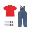 thumbnail image 2 of Mgmyaa Unisex Kids Solid Color Short Sleeve Crew Neck Top and Denim Overalls Jumpsuit with Socks 3-Piece Casual Set for Kids Ages 3-12, 2 of 9