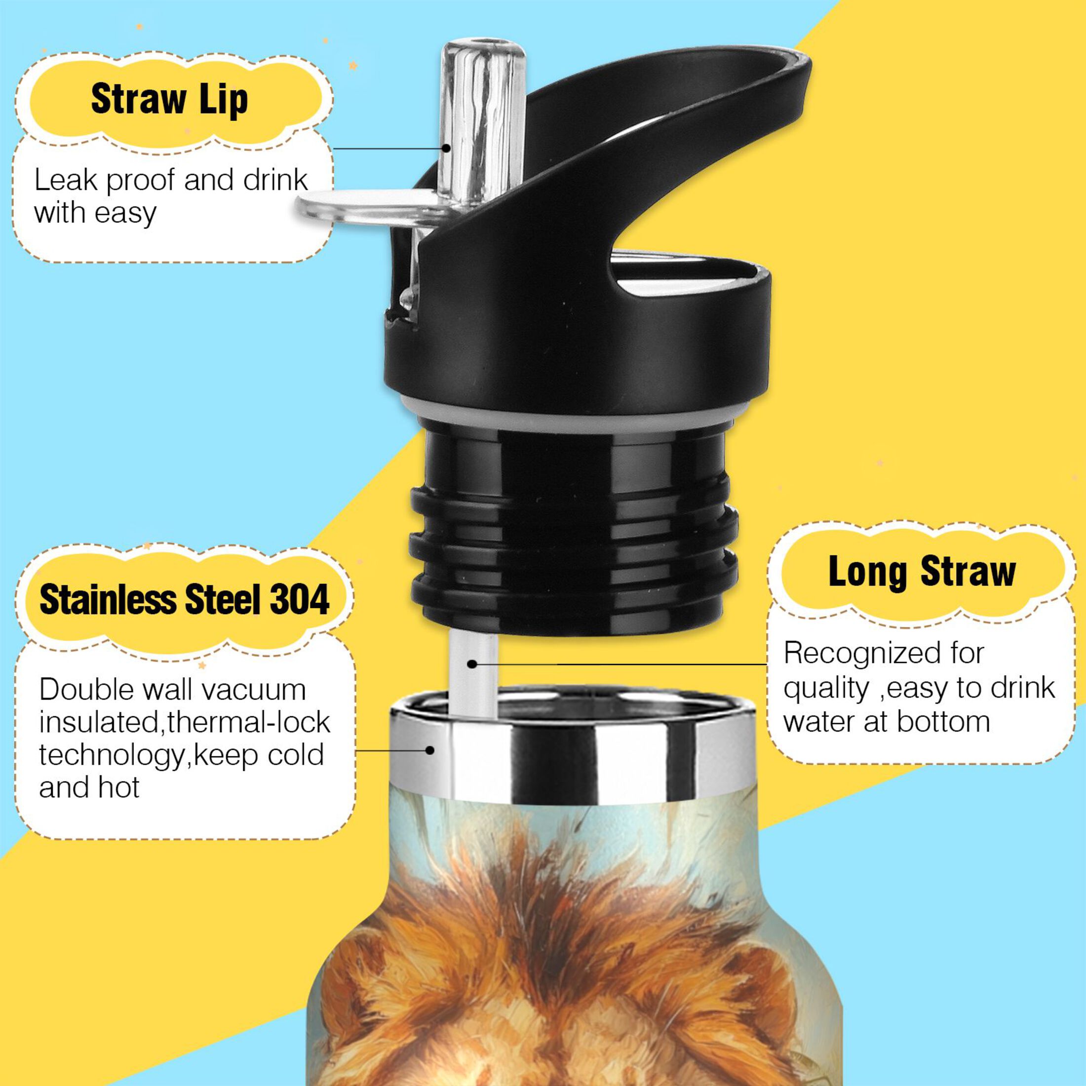600ML Stainless Steel Insulated Cup Sports Water Bottle Portable Thermos Cup Water Glasses Insulated Tumblers Convenient and Durable Lovely Lions