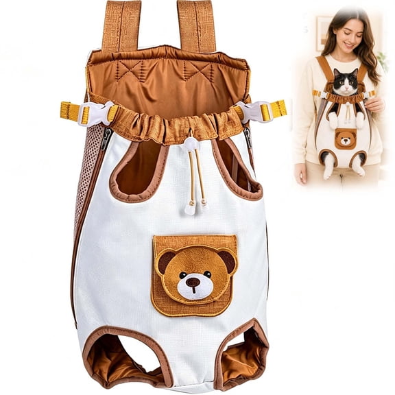 Cute Bear Design Front Pet Carrier Backpack for Small Pets, Cat Dog Front Body Carrier, Safety Leash, and Adjustable Straps for Hands-Free Trips
