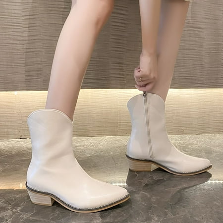 

Alueeu Women s Ankle Boots Zipper Solid Shoes Women Retro Booties Toe Color Heels Short Round Women s Boots