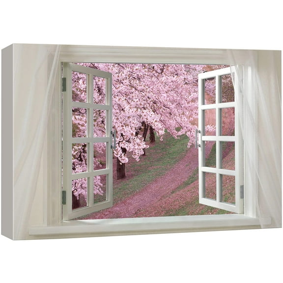 Glimpse into Cherry Blossom in Spring out of Open Window Canvas Wall Art Stretched Canvas Prints | Giclee Printing Ready to Hang - 32" x 48"