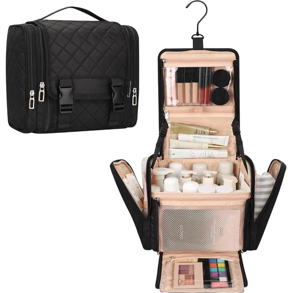 Toiletry Bag for Women, Travel Toiletries Bag Water-resistant Large Makeup Organizer with Hook Portable Bathroom Bag for Full-size Bottles,Travel Essentials (Black,Large)