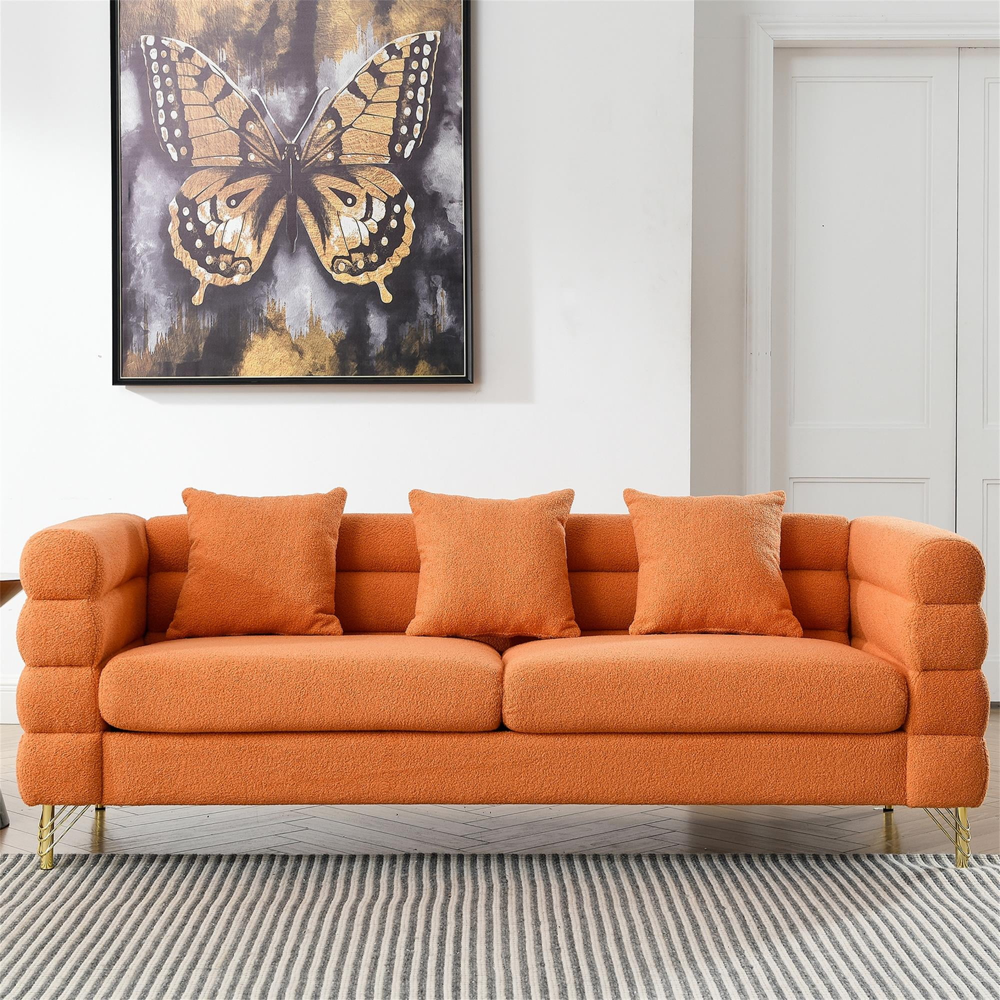 Kadyn 81" Loveseat 3 Seater Sectional Sofa, Fabric Sofa with 3 Pillows, Upholstered Sofa Couch for Living Room, Orange