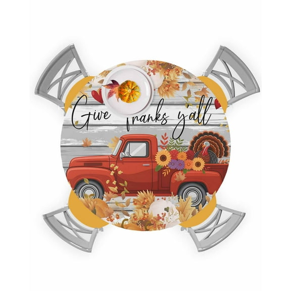 Round Fitted Tablecloths Thanksgiving Red Truck Pumpkin on Wood Waterproof Table Cover for Kitchen Dining Party Decor Autumn Leaves,36"-44"