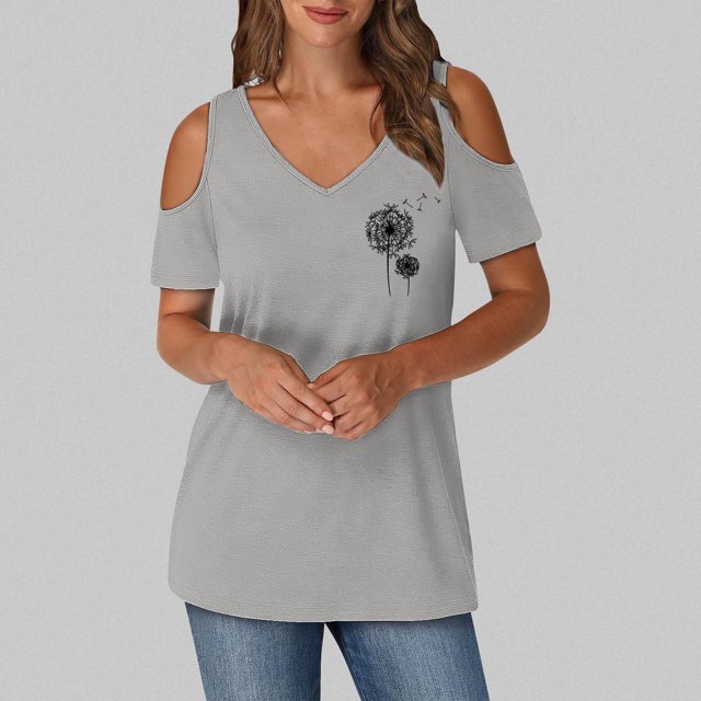 Lydiaunistar Women's Plus Size Spring Printed Short Sleeve V-Neck off Shoulder Casual Blouse Tops Imitation Cotton All Seasons Gray