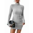 thumbnail image 3 of Vestido Tipo Suéter de Punto Acanalado para Mujer, de Larga, Fruncido, Ajustado, con Cuello Alto y Cintura Alta Gris S, 3 of 9