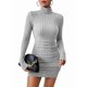 thumbnail image 3 of Vestido Tipo Suéter de Punto Acanalado para Mujer, de Larga, Fruncido, Ajustado, con Cuello Alto y Cintura Alta Gris L, 3 of 9