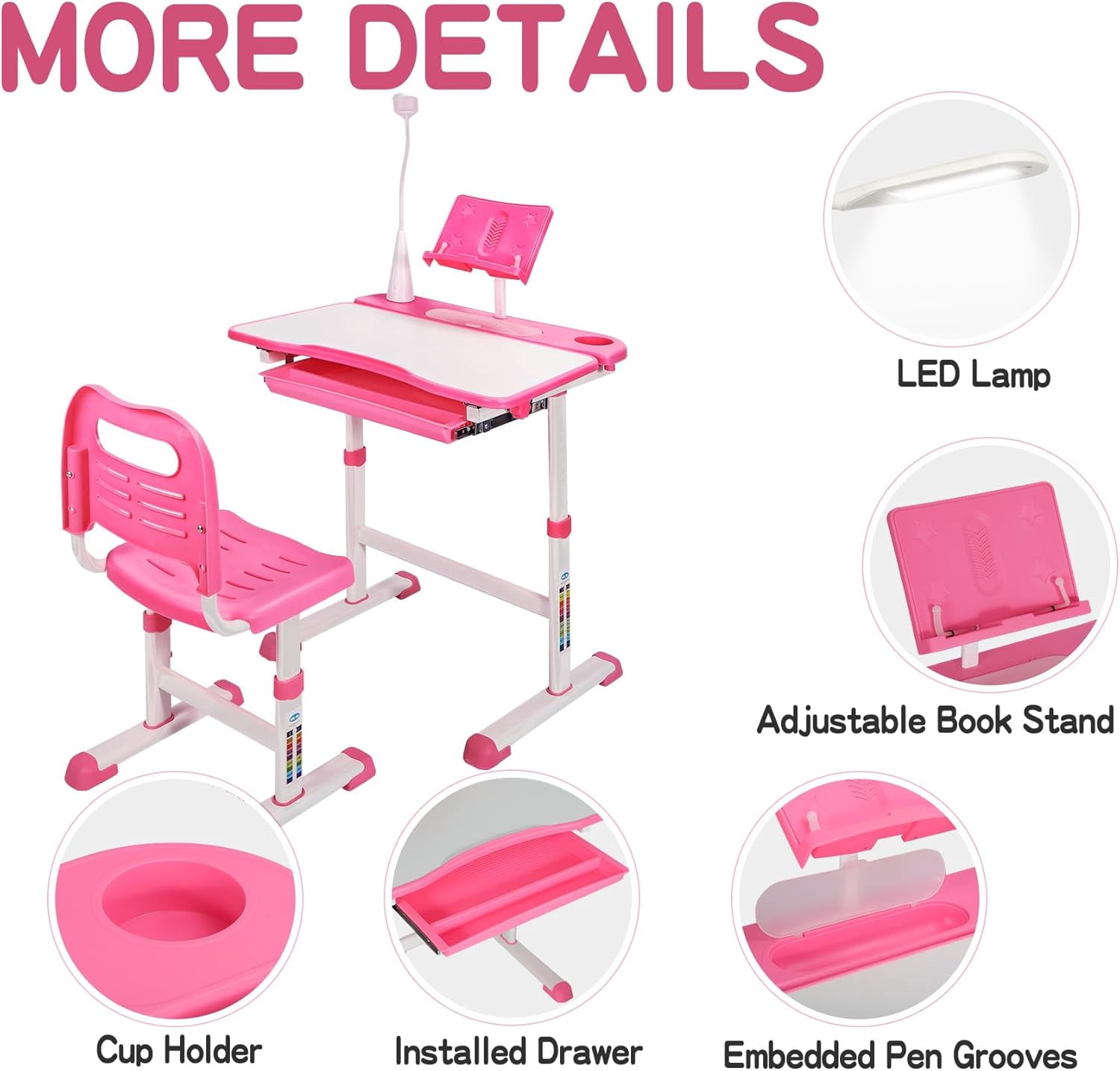 RedSwing Kids Desk and Chair Set, Height Adjustable Children Study Table Chair with Led Light, Bookstand, Portable Kids Desk with Tilted 0-60° Table Top for Girls Age 3-15,Pink