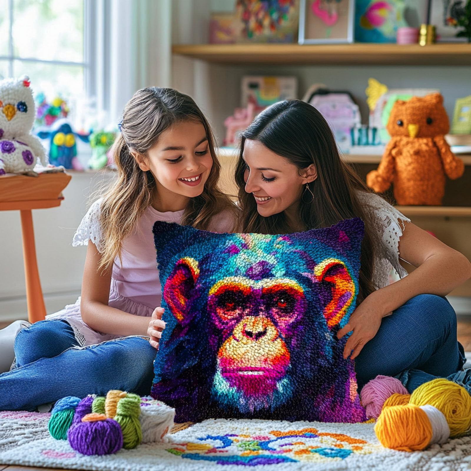 Portrait of Monkey DIY Latch Hook Pillow Kits for Adults Printed Pillowcase Crochet Yarns Hooking Handmade Pillow Cover Cushion for Home Sofa Decoration 17x17inch