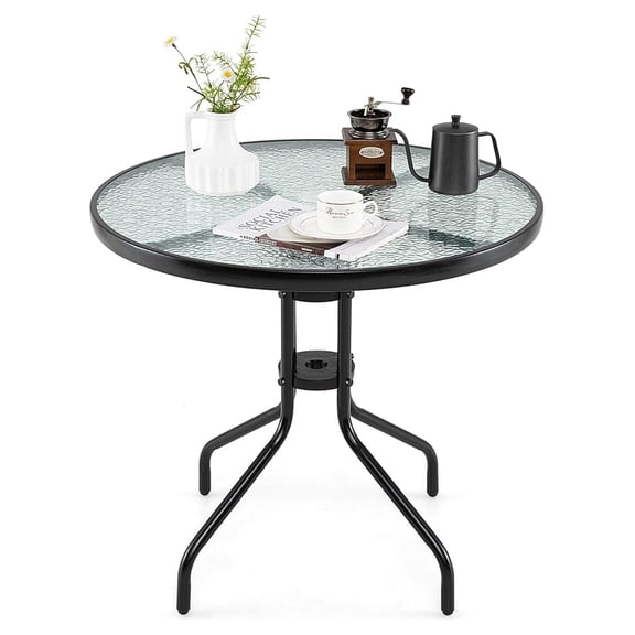 Outdoor Bistro Table 32" Round Patio Dining Table with Tempered Glass & Umbrella Hole