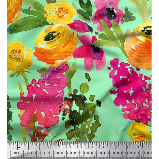 Soimoi Green Poly Georgette Fabric Leaves & Floral Print Fabric by Yard 52 Inch Wide