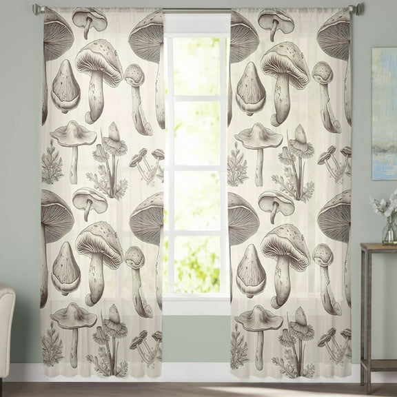 Sheer Curtains 108 inches Long, Khaki Mushroom and Leaf Retro Nostalgic Style Light Filtering Sheer Window Curtains Rod Pocket Voile Drapes for Bedroom Living Room, 52"W x 108"L 2 Panels