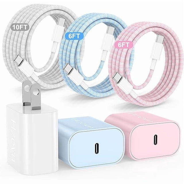 wonima44 20W USB C Fast Charging for iPhone 17 Air/16/15 Pro Max,3Pack Colorful Mixed Charger Block with Braided Long USB C to C Cables (6/6/10ft) Compatible with iPhone16/15 Pro/15 Plus/iPad Pro