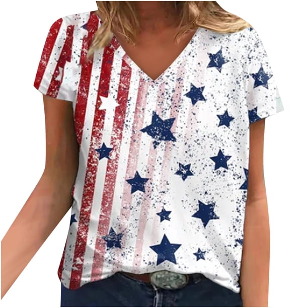 Camiseta de manga corta suelta con cuello en V y estampado informal a la moda para mujer Pompotops hkajfhjk462217