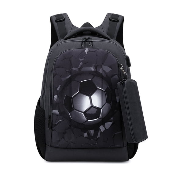 Black Soccer‑Themed Travel Backpack, Lightweight Water‑Resistant Polyester Sports Backpack