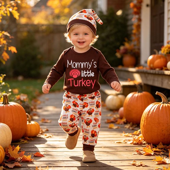 Glisme Boys Thanksgiving Outfits Short Sleeve O Neck Cartoon Pattern Triangle Romper Pants Hat 3 Pieces Set Fashion Toddler Clothes Brown