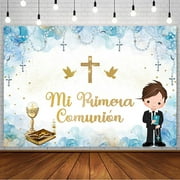 Baptism Backdrop for Boys Mi Primera Comunion Christening Party Decorations First Holy Communion God Bless Mi Bautizo Banner Chalice Pigeon Blue Photography Background Photo Shoot Props