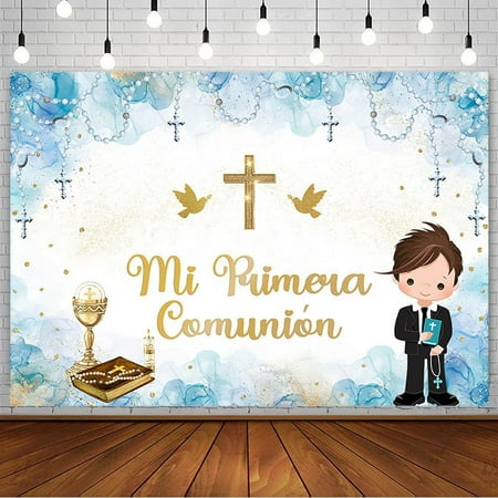 Baptism Backdrop for Boys Mi Primera Comunion Christening Party Decorations First Holy Communion God Bless Mi Bautizo Banner Chalice Pigeon Blue Photography Background Photo Shoot Props
