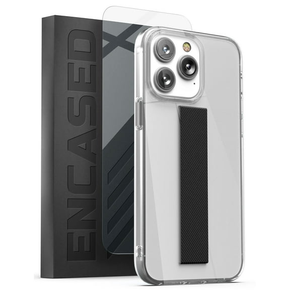 Encased Finger Loop Case Designed for iPhone 14 PRO Case with Hand Strap Phone Holder (Screen Protector Included) - Crystal Clear