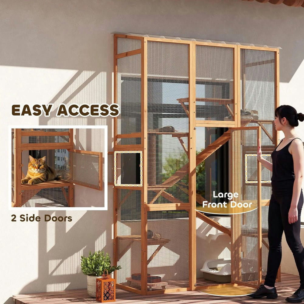 Topcobe Outdoor Catio Cat Enclosure, Large Wooden Cat House with 6 Jumping Platforms, Scratching Post, 2 Ramps, for 2-3 Kittens, Outdoor Wooden Feral Cat Shelter