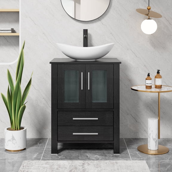 Eclife 24" Freestanding Sinlge Bathroom Vanity With Ceramic Vessel Sink, Faucet, Drain