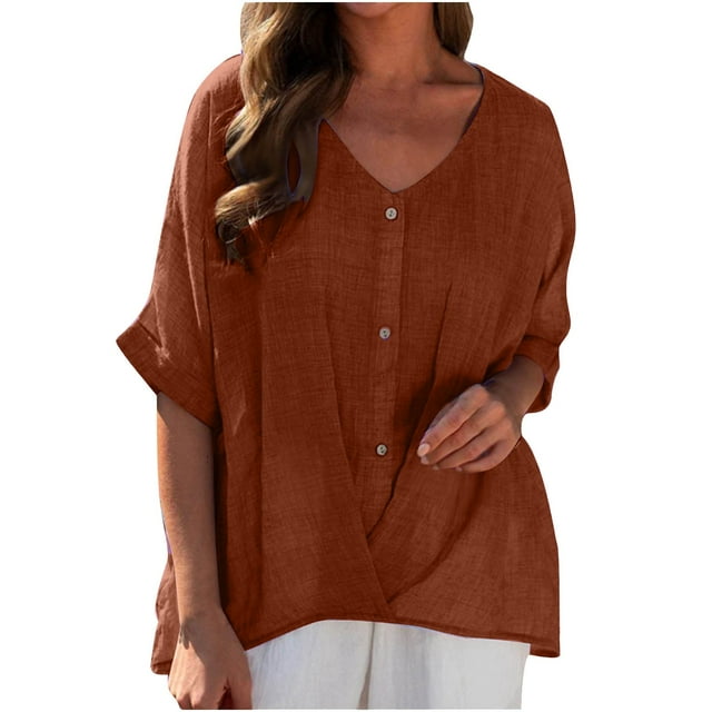 asjyhkr Womens Linen T Shirts Loose Fitting V Neck Button Lightweight Summer Tops Solid Color Tees