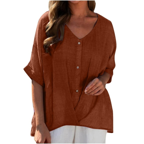 lmcalzta Womens Linen T Shirts Loose Fitting V Neck Button Lightweight Summer Tops Solid Color Tees