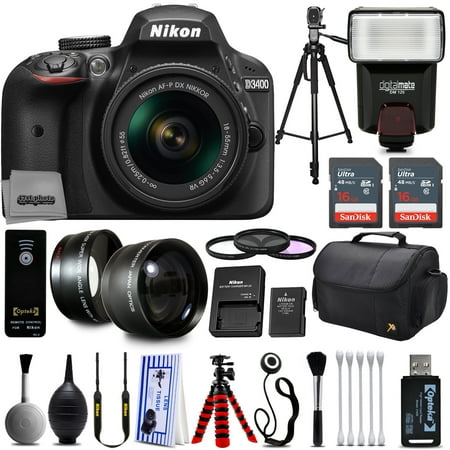 Nikon D3200 Digital SLR Camera + 18-55mm AF-S DX Nikkor VR + 2.2X Telephoto and 0.43X Macro Lens Kit + 32GB Memory + Bounce Swivel Flash + Tripod + Padded Case Bag + UV CPL FLD Filter Bundle +