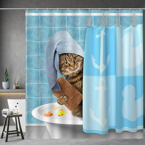 Divertidas cortinas de ducha de gato para baño, gato bañandose, lindo gatito tomando una ducha con patos de goma, ducha divertida, 72 "x 72"