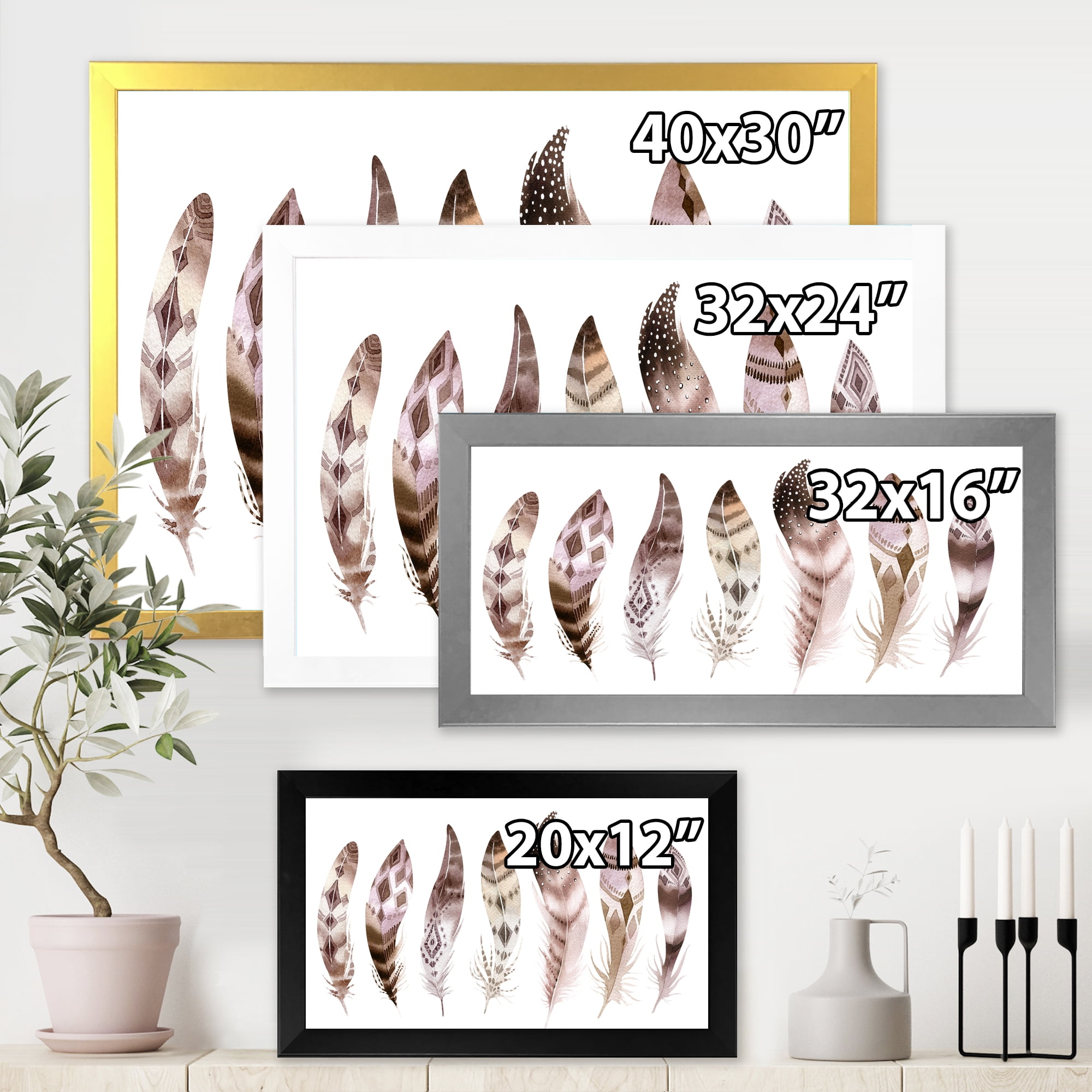 Designart 'Colourful Boho Art Feather Set X' Bohemian & Eclectic Framed Art Print