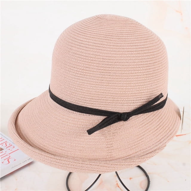 Sombrero de paja de verano para mujer, sombrero de pescador con lazo rizado simple, sombrero protector solar para mujer