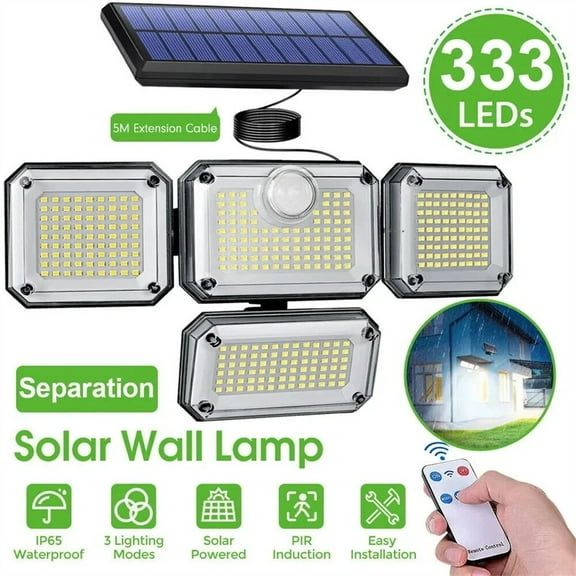 4-Head Solar Motion Sensor Lights Outdoor - 3000LM Brightness with Separate Solar Panel & 3 Lighting Modes
