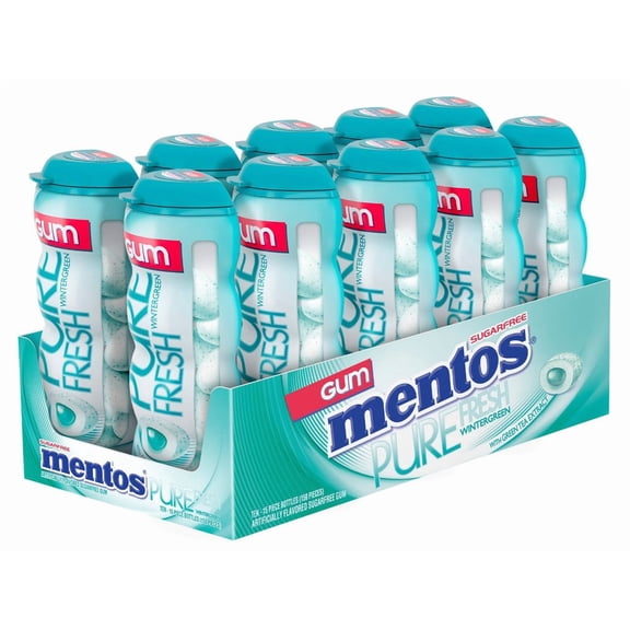 (Price/Case)Mentos Sugar Free Pure Fresh Wintergreen Gum 15 Pieces Per Bottle - 10 Per Pack - 12 Per Case
