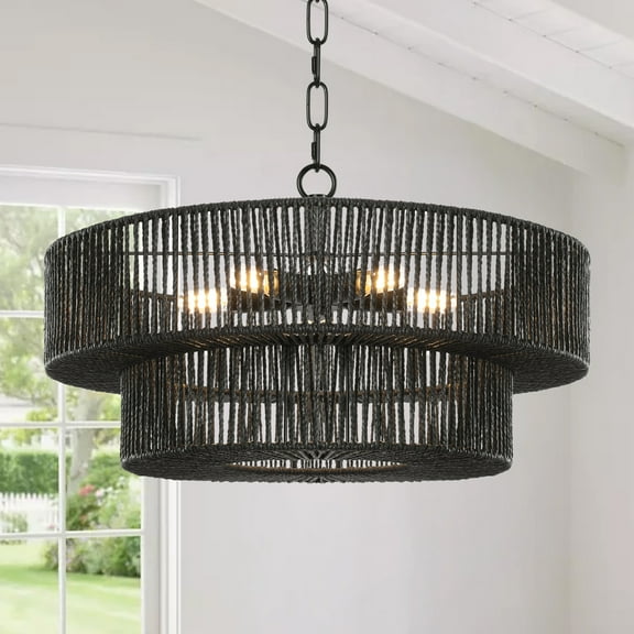 22"Farmhouse Hand-Woven Rattan Chandeliers for Dining Room 5-Light Boho Chandelier with Hand Woven Wicker Shade 3-Tier Large Rattan Pendant Lights Ceiling Hanging Lighting Kitchen Island