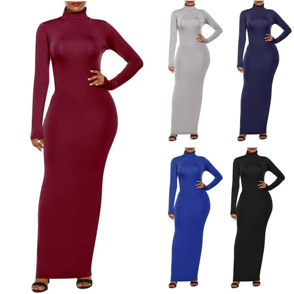 Kilaqueen Women's Turtleneck Dress Trendy Sexy Tight Maxi Dresses Stretch Bodycon Dresses for Evening Party Long Sleeve Club Party Pencil Dresses