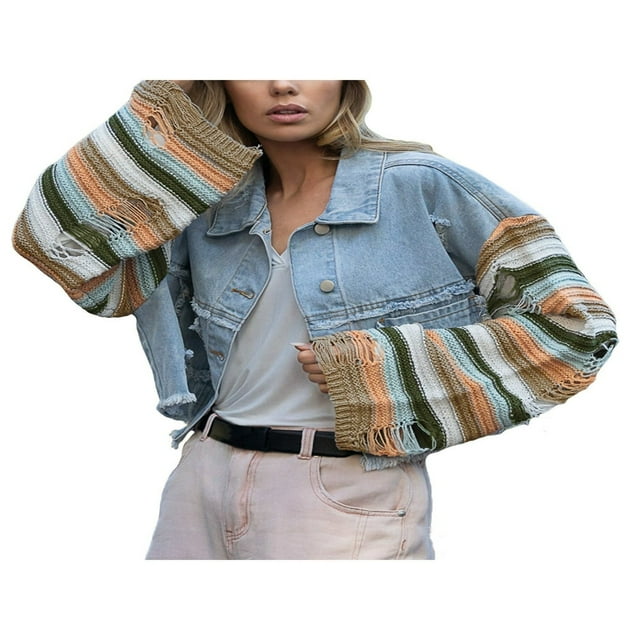 Women Denim Patchwork Jacket Button Down Distressed Cropped Denim Jacket Striped Pattern Long Sleeve with Pockets Streetwear