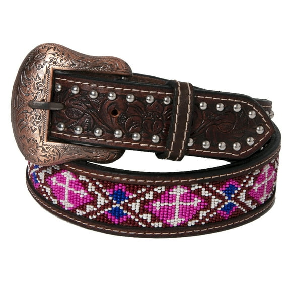 BE BAR H EQUINE Beaded Floral Hand Carved Western Leather Men And Women Belt Antique Brown