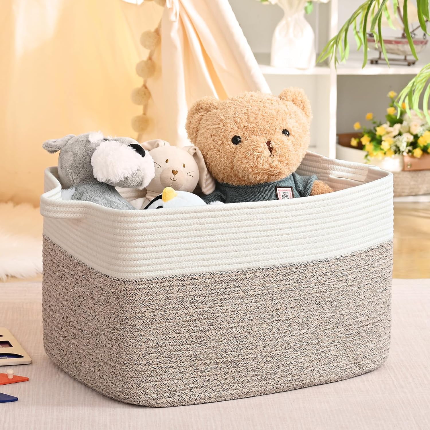 Natubeau Woven Storage Baskets, 60L Large Rectangle Woven Laundry Hampers with Handle, Cotton Rope Blanket Basket for Living Room, Nursery Room, White & Brown