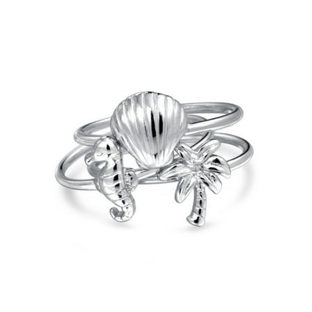 925 Sterling Silver Shell - 3 Set Nautical Shell Seahorse Palm Tree 925 Sterling Silver Midi Knuckle Stackable Ring 1MM Band For Women For Teen