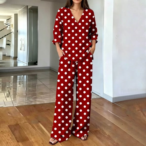 Cagogo Women Plus Size 2 Piece Set Polka Dot V Neck Long Sleeve Blouse Wide Leg Pants Matching Casual Outfit Loose Boho Vacation Travel Lounge Suit Clothes, Red 2XL