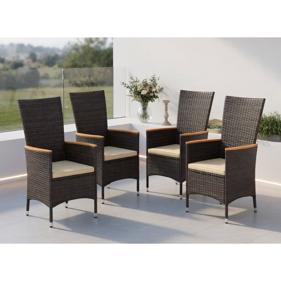 4-Piece Outdoor Dining Chair Set – High-Back PE Rattan Wicker Chairs with Beige Cushions, Acacia Wood Armrests & Heavy-Duty Metal Frame for Patio, Porch, or Poolside