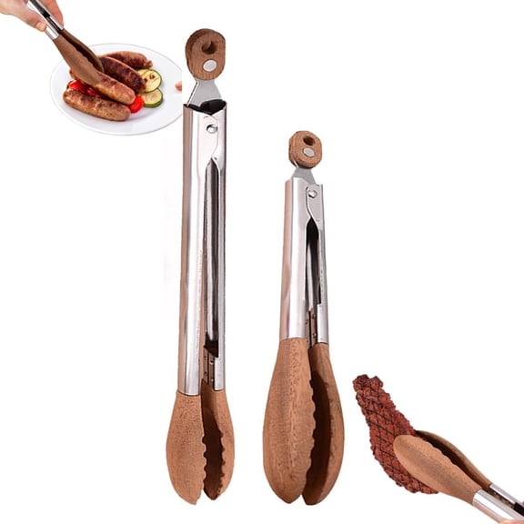 2 Pack Wooden Cooking Tongs with Stainless Steel Anti-Slip Long Handle, Hanging Hole Design, Multipurpose Wood Salad Tongs for BBQ, Food Serving & Salad Tossing