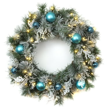 National Tree Company Pre-Lit Artificial Christmas Wreath, Green, Snowy Tinkham Pine, Blue Ball Ornaments, 50 Warm White LED Lights, Battery Operated, Timer, 24 Inch