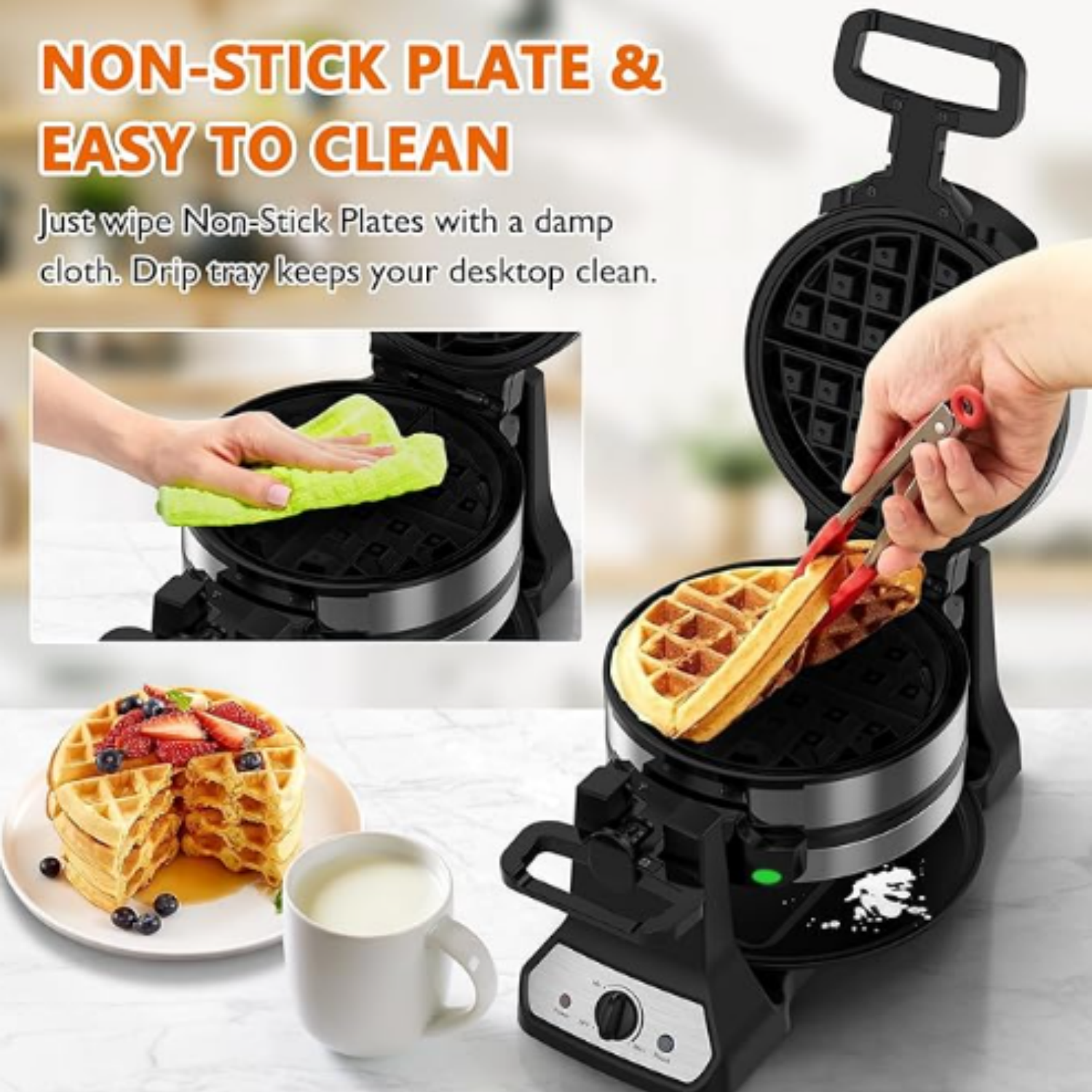1400W Belgian Waffle Maker, Double Waffle Iron 180° Flip, Rotating Nonstick Plates, Adjustable Browning Control, Locking Buckle & Cool Touch Handle, Removable Drip Tray, Stainless Steel