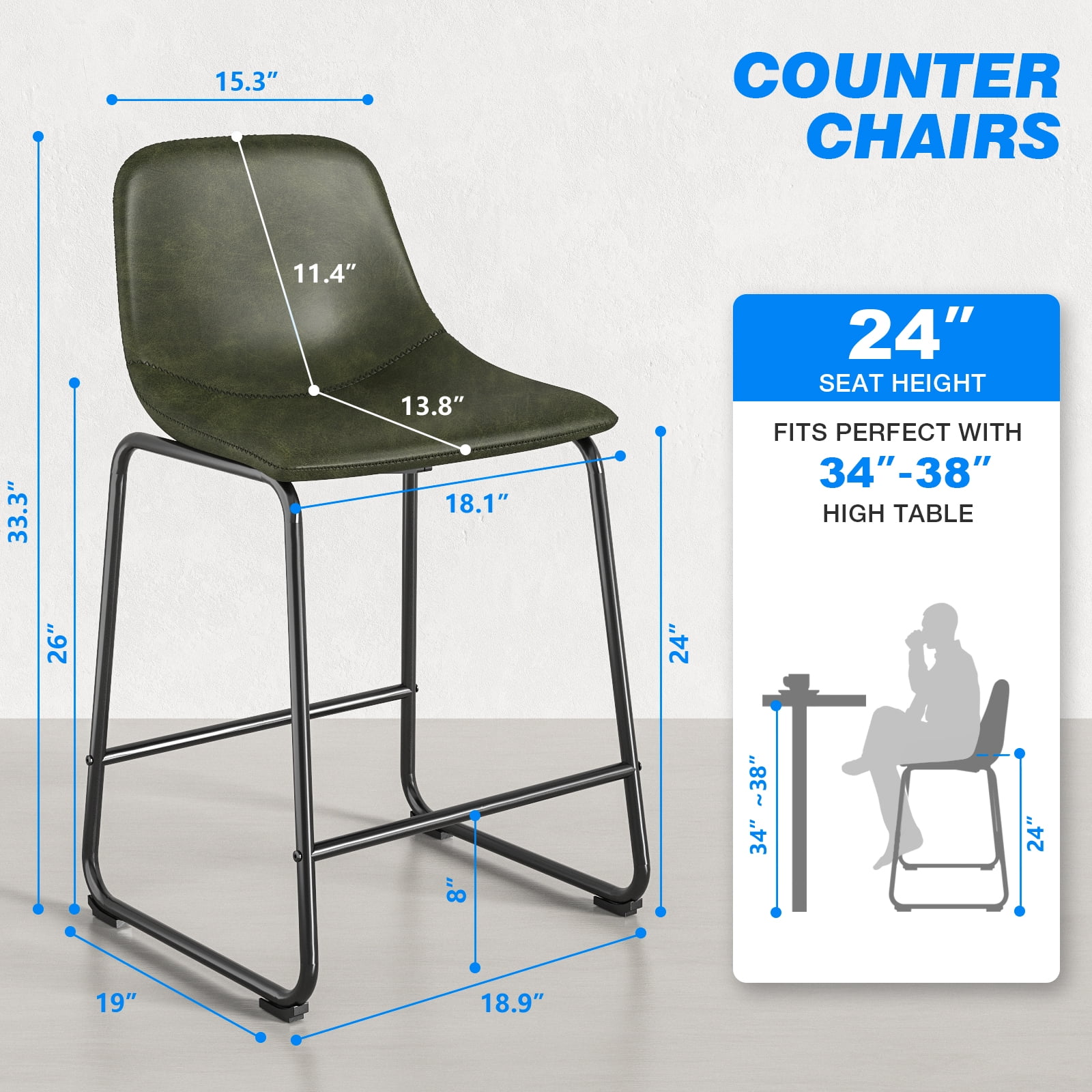 TAVR Furniture 24" Bar Stools Set of 3 with Back, Faux Leather for Home, Kitchen, Green